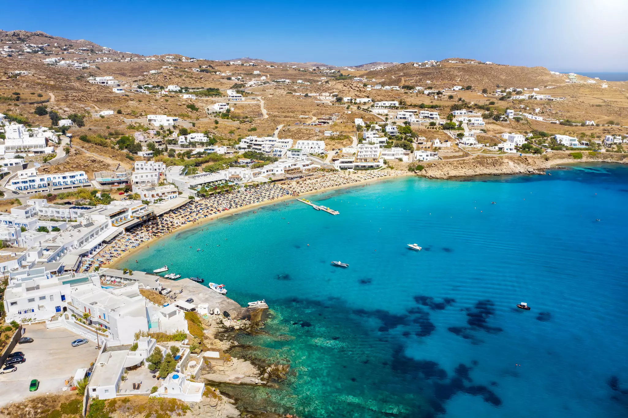 Panoramic aerial view of a busy beach.