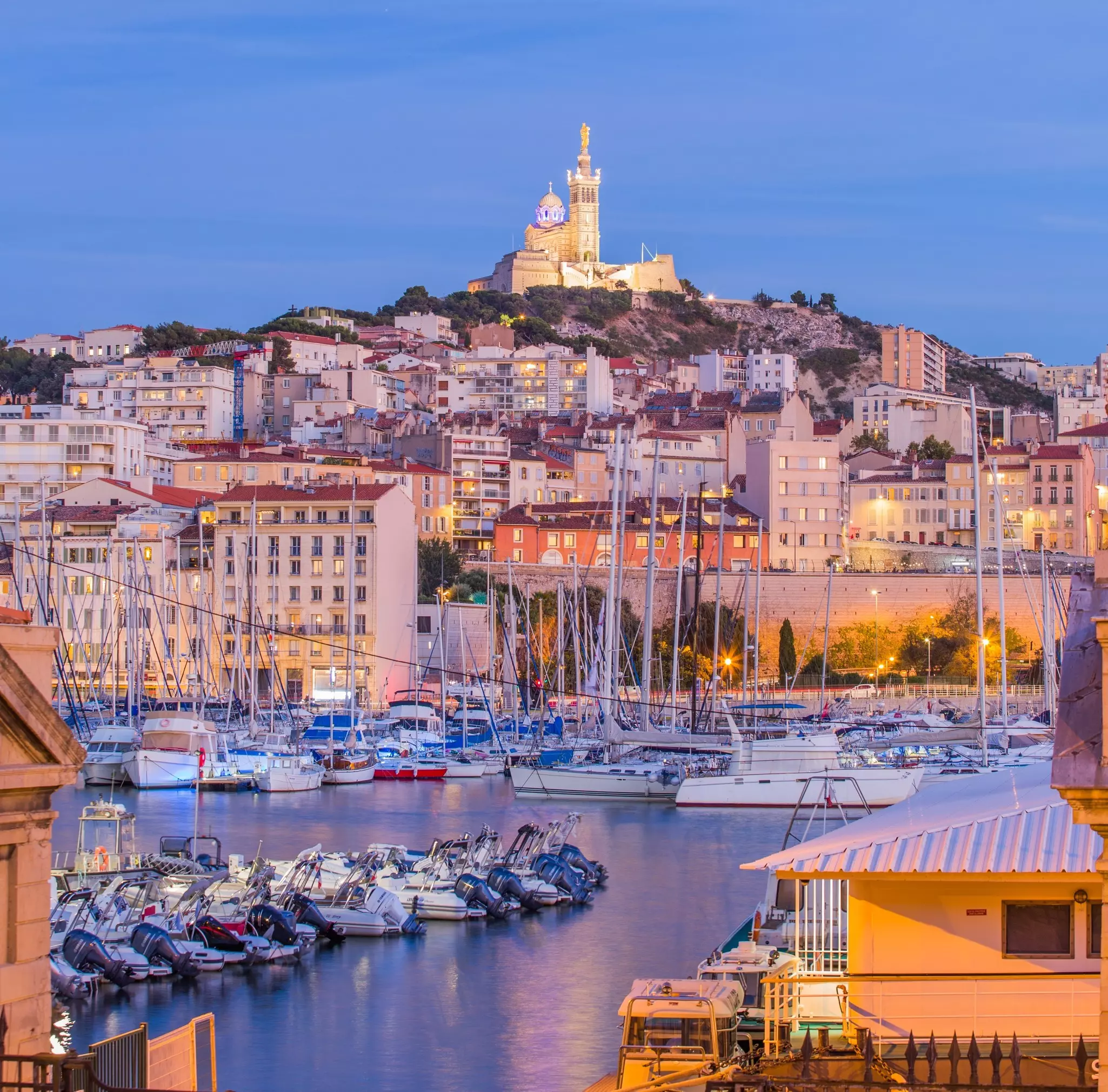 A view of the church of Notre Dame de la Garde from the Old Port of Marseille. France