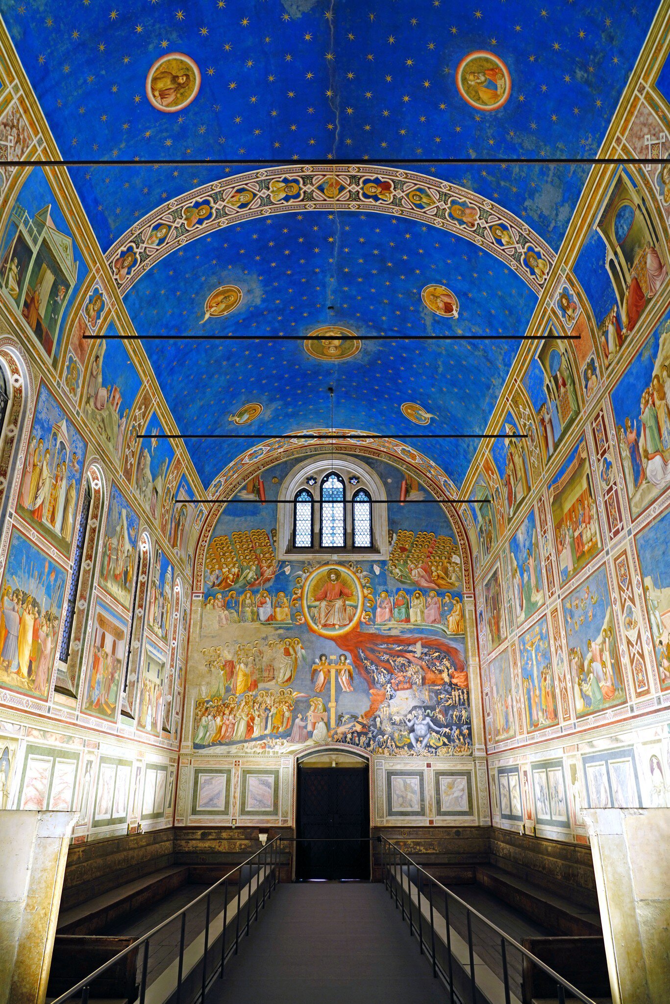 Interior of the landmark Scrovegni Chapel (Cappella degli Scrovegni, Arena Chapel), part of the Museo Civico of Padua, with a fresco cycle by Giotto completed about 1305.