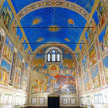Interior of the landmark Scrovegni Chapel (Cappella degli Scrovegni, Arena Chapel), part of the Museo Civico of Padua, with a fresco cycle by Giotto completed about 1305.