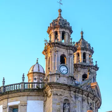 View of the bell tower and facade of the Santuario da Virxe Peregrina in Pontevedra, Spain.