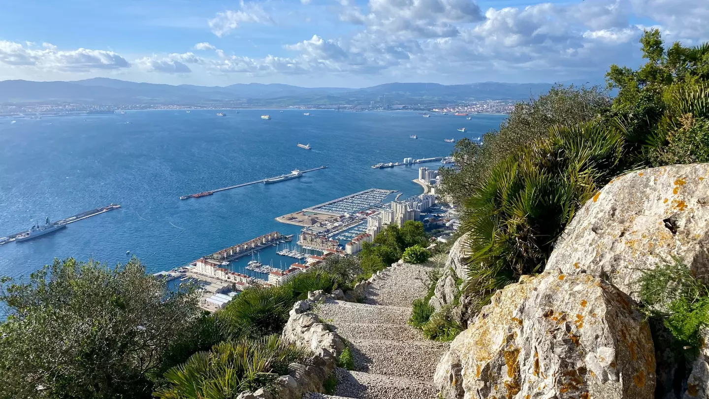 View over the sea from the steps leading down the side of the Rock of Gibraltar.