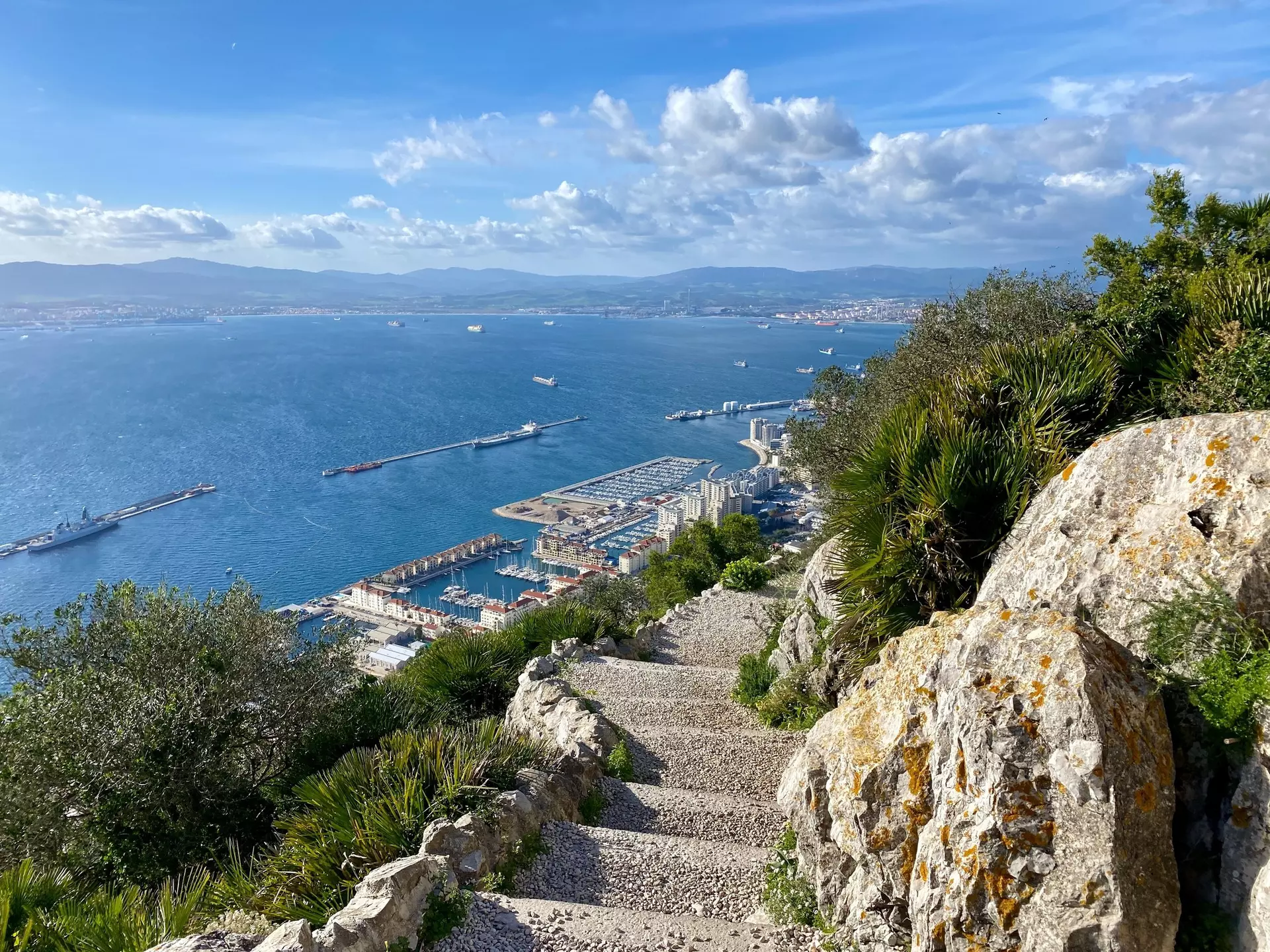 View over the sea from the steps leading down the side of the Rock of Gibraltar.