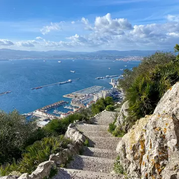 View over the sea from the steps leading down the side of the Rock of Gibraltar.