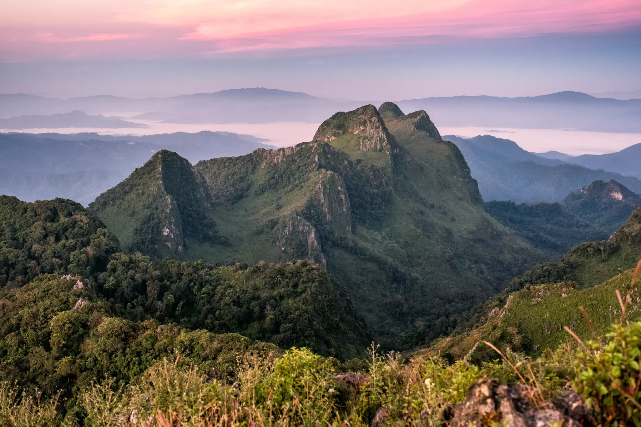 Peak mountain range at sunset in wildlife sanctuary. Doi Luang Chiang Dao; Shutterstock ID 1244842411;