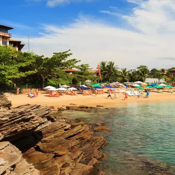 Small peaceful beautiful beach Ferradurinha with blue sea in Buzios near Rio de Janeiro, Brazil