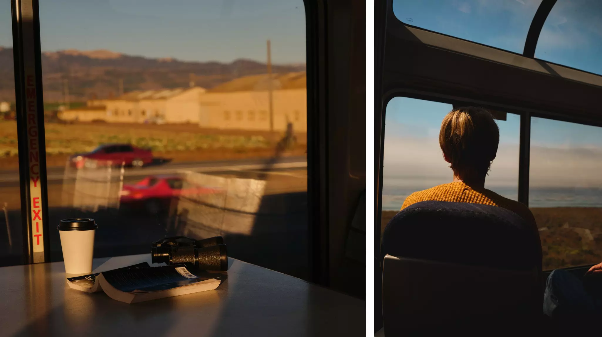 Left, a book, binoculars, and coffee cup sit at a table alone. Right, a view of a woman from behind as she stares out of the window.