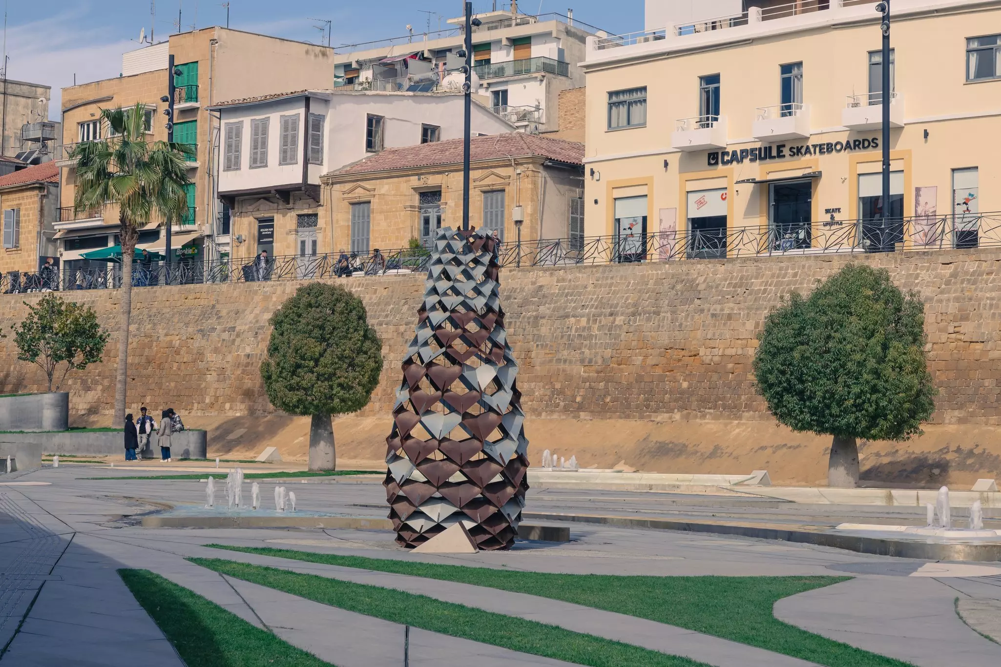 A pine-cone-shaped sculpture in the gardens of Plateia Eleftherias, Nicosia (Lefkosia), Cyprus.