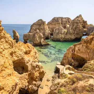 View of the dramatic cliffs at Ponta da Piedade in Lagos, Portugal.