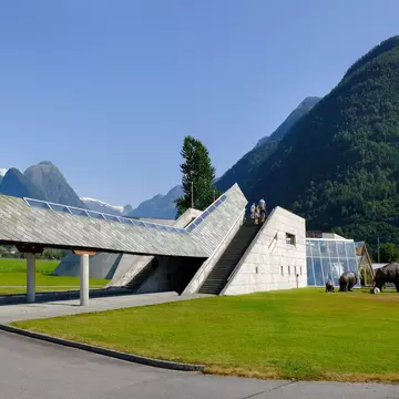 FJÆRLAND, Norway - circa July 2021: Norwegian Glacier Museum, designed by the famous Norwegian architect Sverre Fehn. It is next to Boyabreen Glacier.; Shutterstock ID 2092881652;