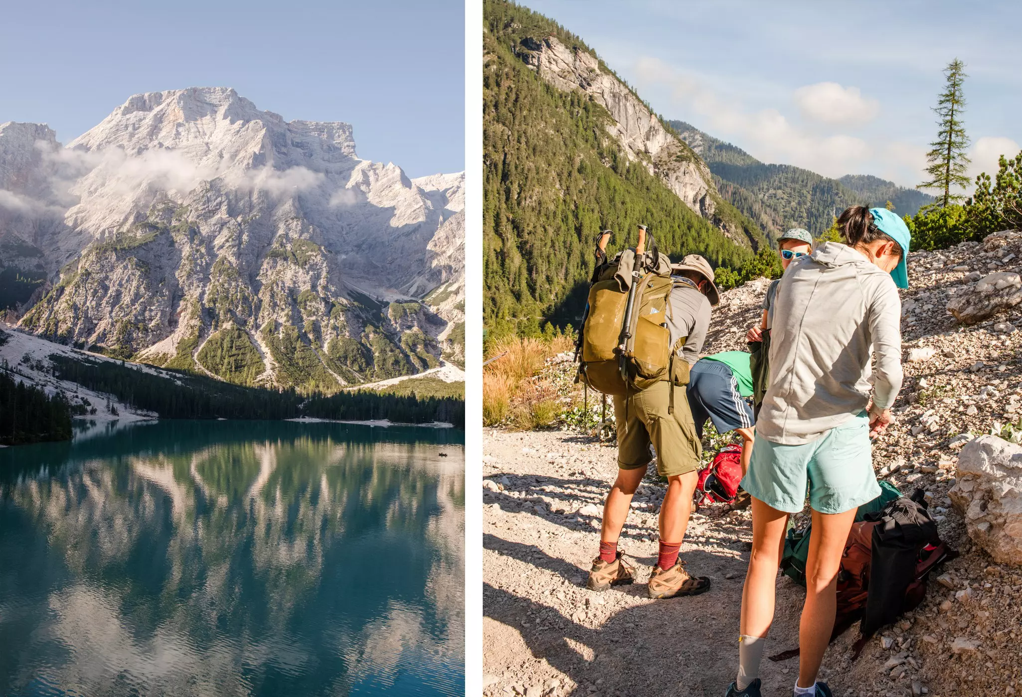 Left: a mountain reflected in a lake, with clouds in the valley. Right: four hikers adjust their gear on a path in a mountainous landscape in Italy.