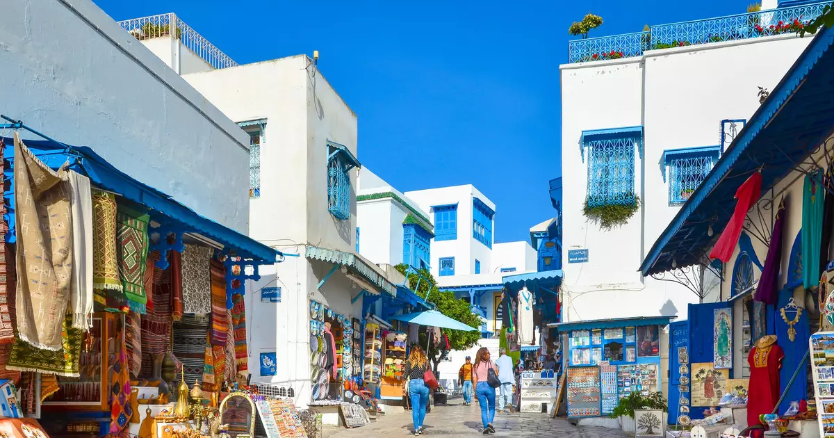 White and blue houses in the village of Sidi Bou Said near Tunis, Tunisia.