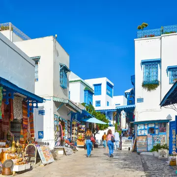 White and blue houses in the village of Sidi Bou Said near Tunis, Tunisia.