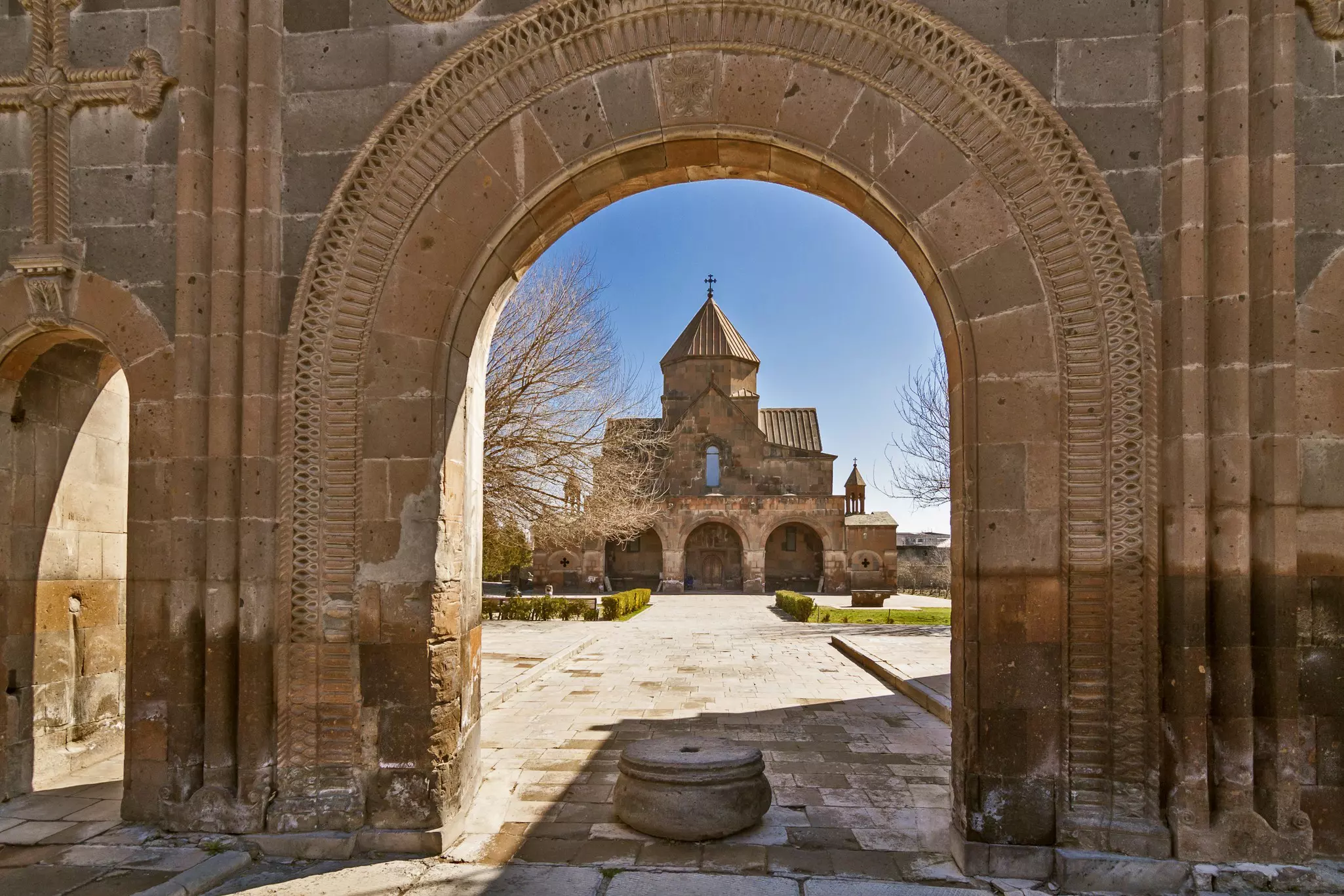 Armenia - Etchmiadzin (Vagharshapat) - 7th-century church of Saint Gayane taken through the arch of the church fence