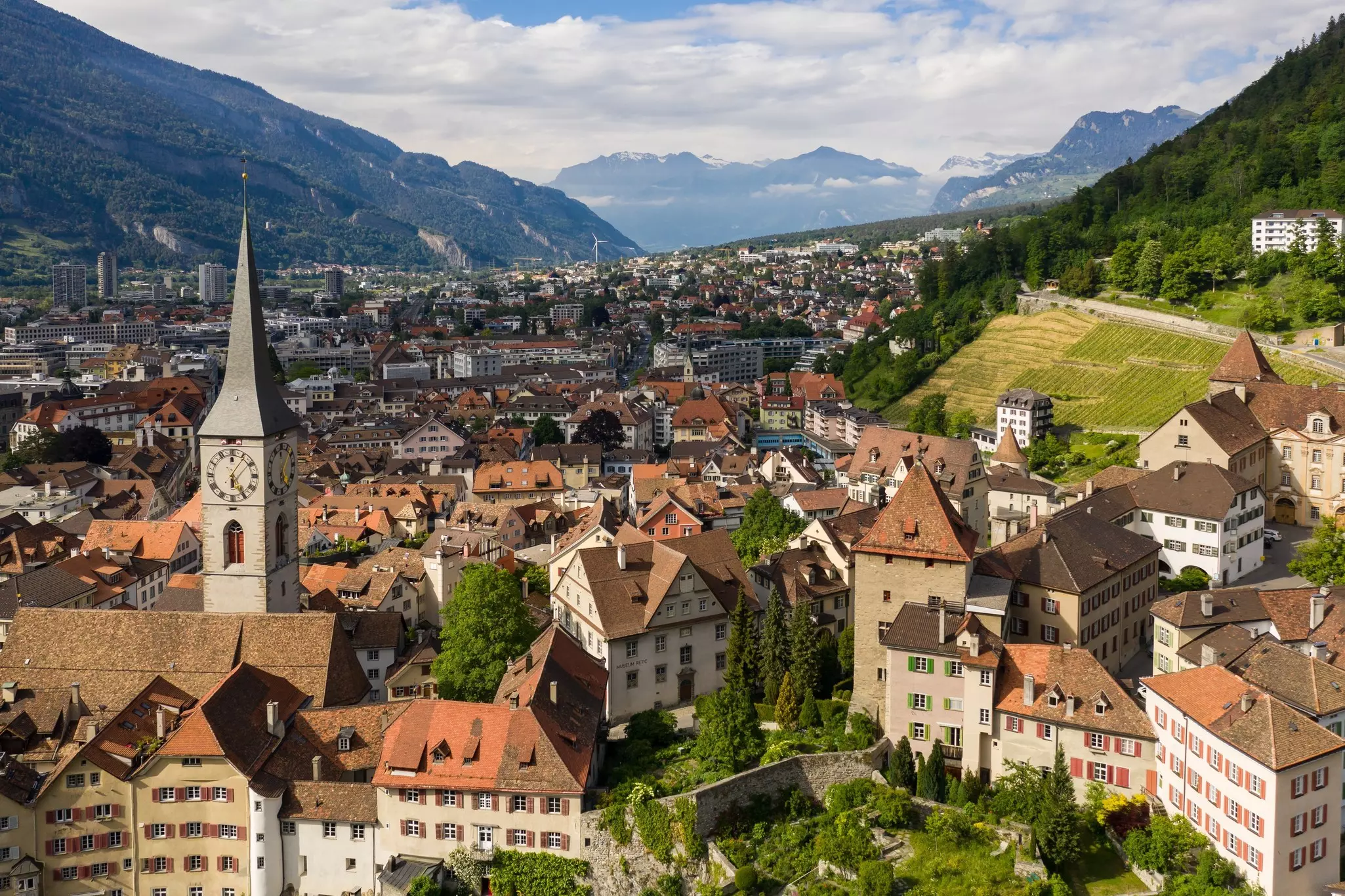 Chur, Switzerland: Aerial drone view of the Chur old town in Canton Graubunden in the alps in Switzerland in summer