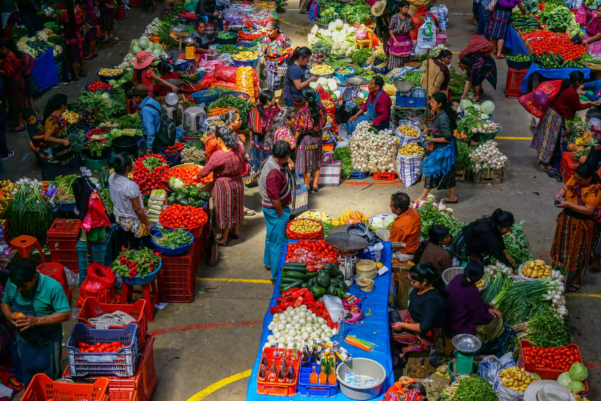 An aerial view of stands with red tomatoes, white onions, various greens and other produce at a market in Guatemala.