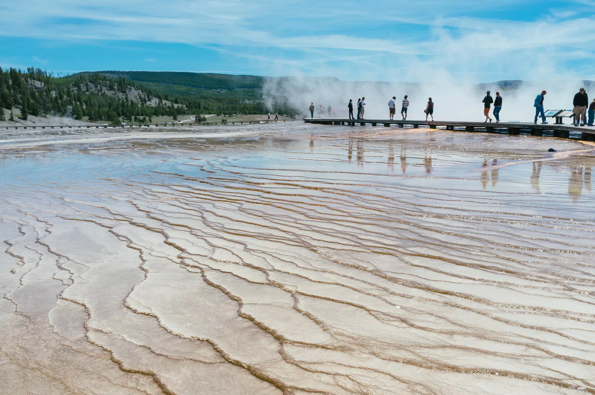 Tourists walking around the Grand Prismatic spring in Yellowstone National Park.