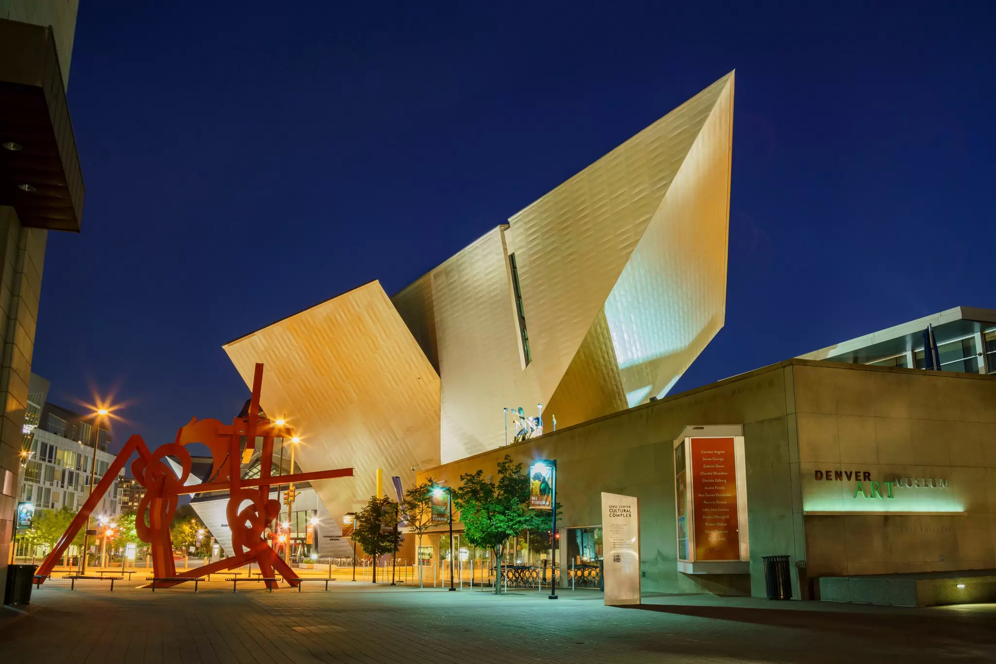 The angular Hamilton Wing of the Denver Art Museum illuminated at night