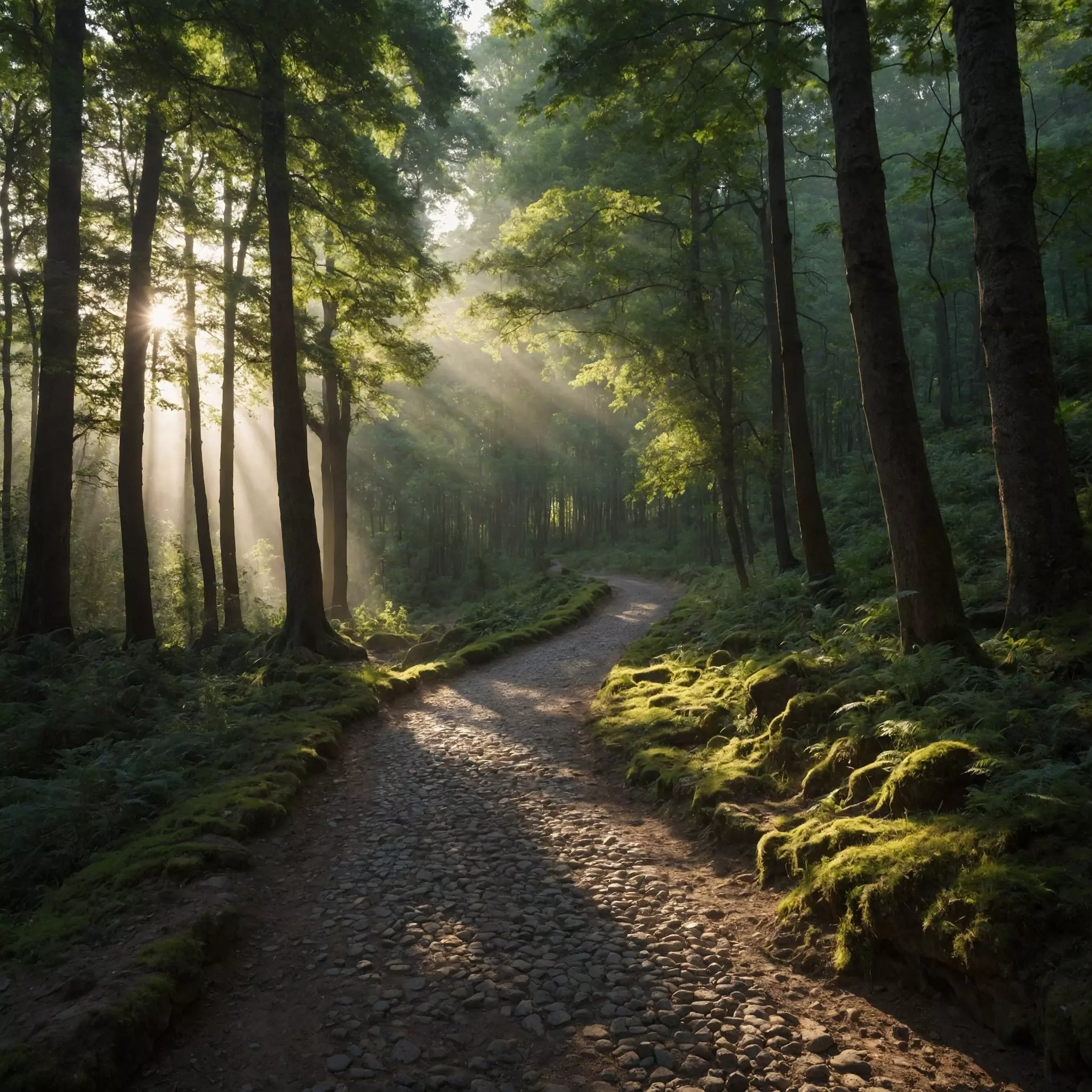 A cobblestone Roman road running through a dense forest, with rays of sunlight breaking through the trees.