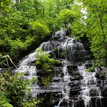 A rocky waterfall surrounded by green forest