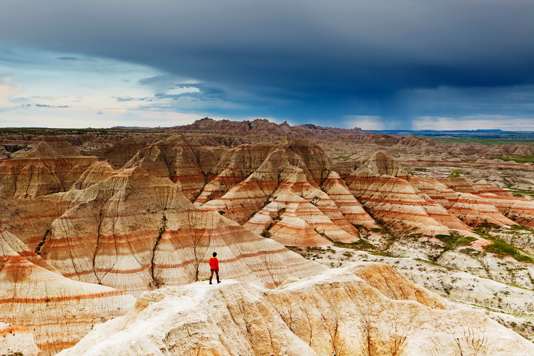 Eroded rock formations at Badlands National Park.