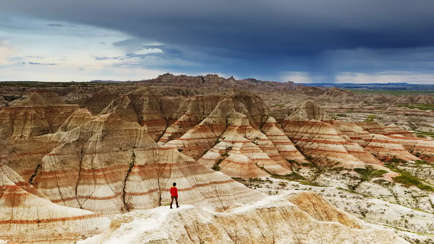 Eroded rock formations at Badlands National Park.
