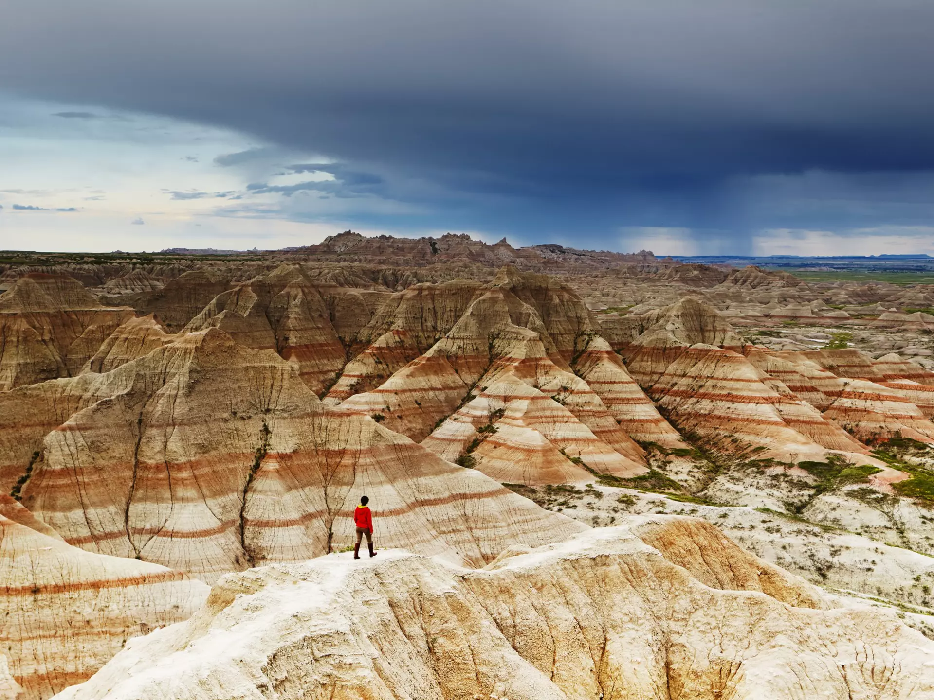 Eroded rock formations at Badlands National Park.