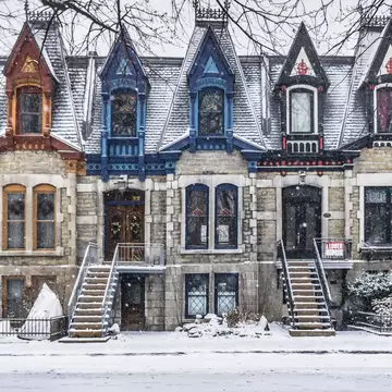 Montreal, Qc, Canada - December 20th 2020: View on Carré Saint Louis colorful victorian houses on a snowfall day in Montreal, Quebec (Canada), License Type: media, Download Time: 2025-09-04T19:37:34.000Z, User: katelyn.perry_lonelyplanet, Editorial: true, purchase_order: 65050 - Digital Destinations and Articles, job: wip, client: wip, other: Katelyn Perry