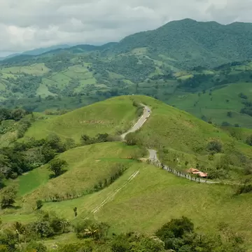 Landscape views of green verdant countryside on the way to Monteverde
