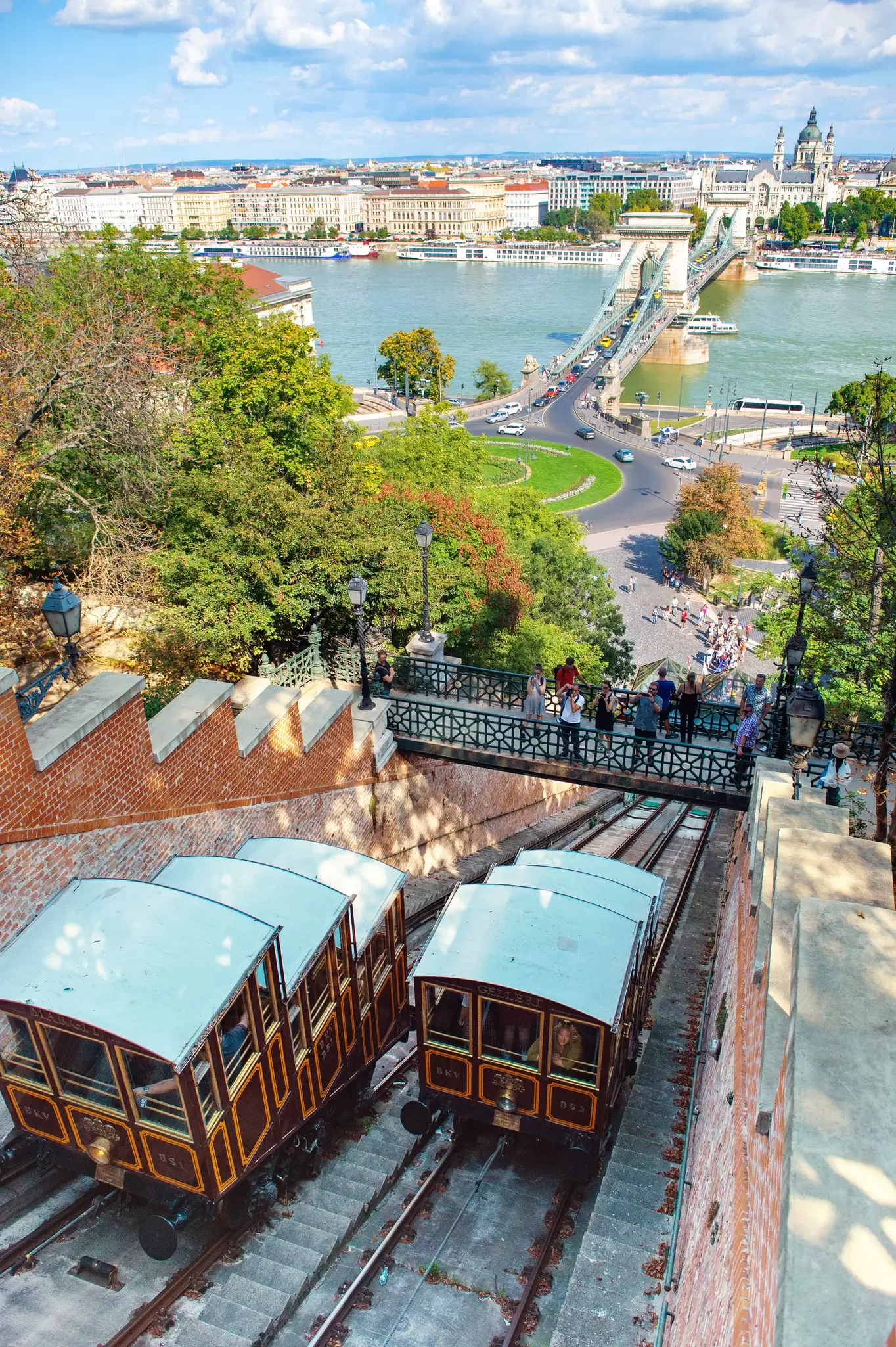 View of the funicular railway with the Széchenyi Chain Bridge in the background in Budapest, Hungary.