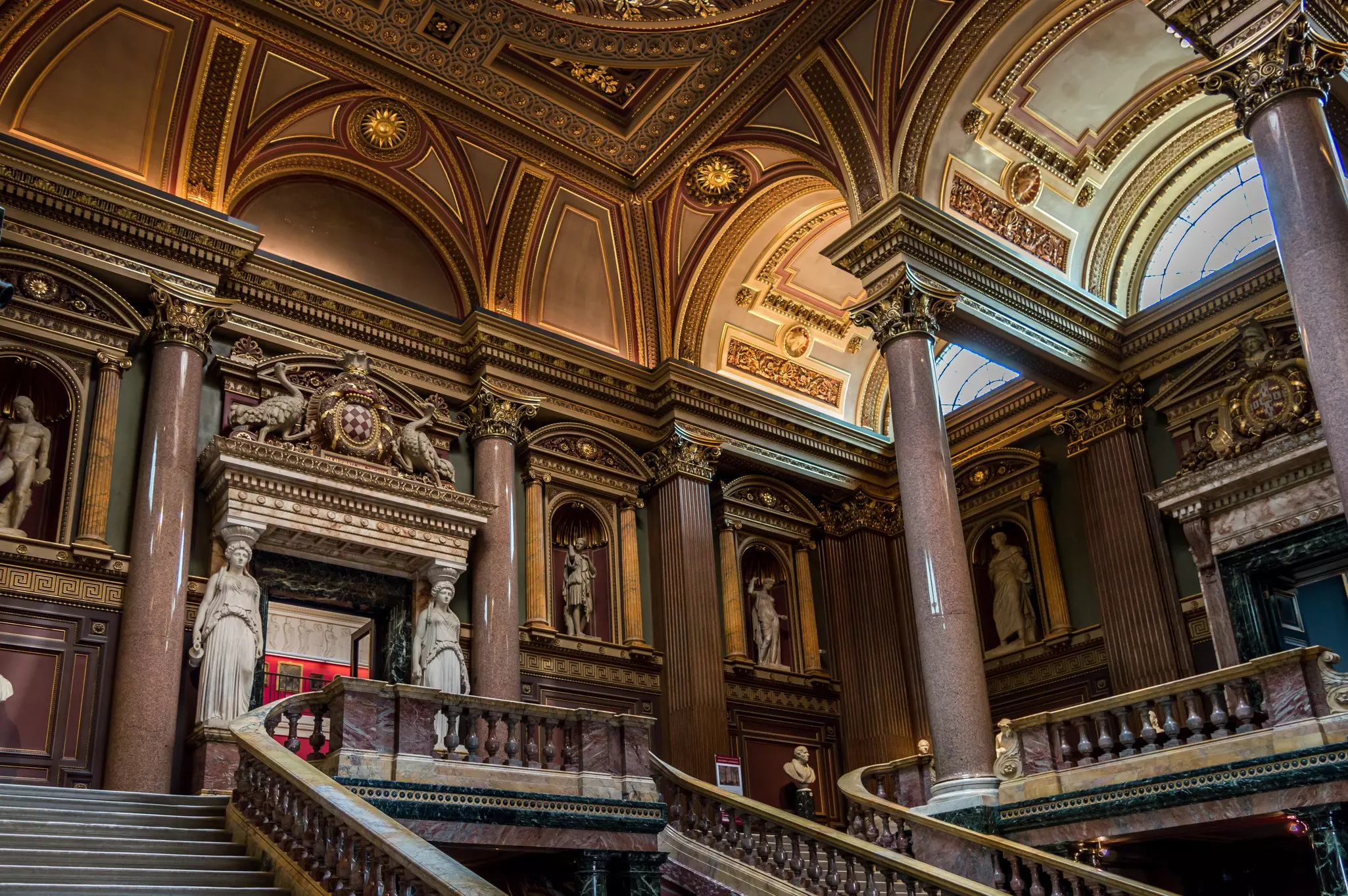 The grand marble interior of the Fitzwilliam Museum in Cambridge, England.