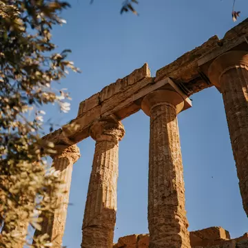 Weathered golden Doric columns of a Greek temple in Agrigento, Sicily, seen from below against blue sky under olive leaves.