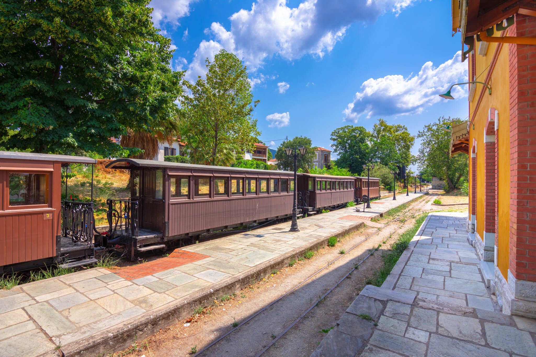 View of the Moudzouris train at the old station in Ano Lehonia, Greece.