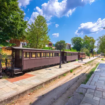 View of the Moudzouris train at the old station in Ano Lehonia, Greece.