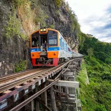 A train on the ”Death Railway“ near Kanchanaburi, Thailand. banjongseal324SS/Shutterstock