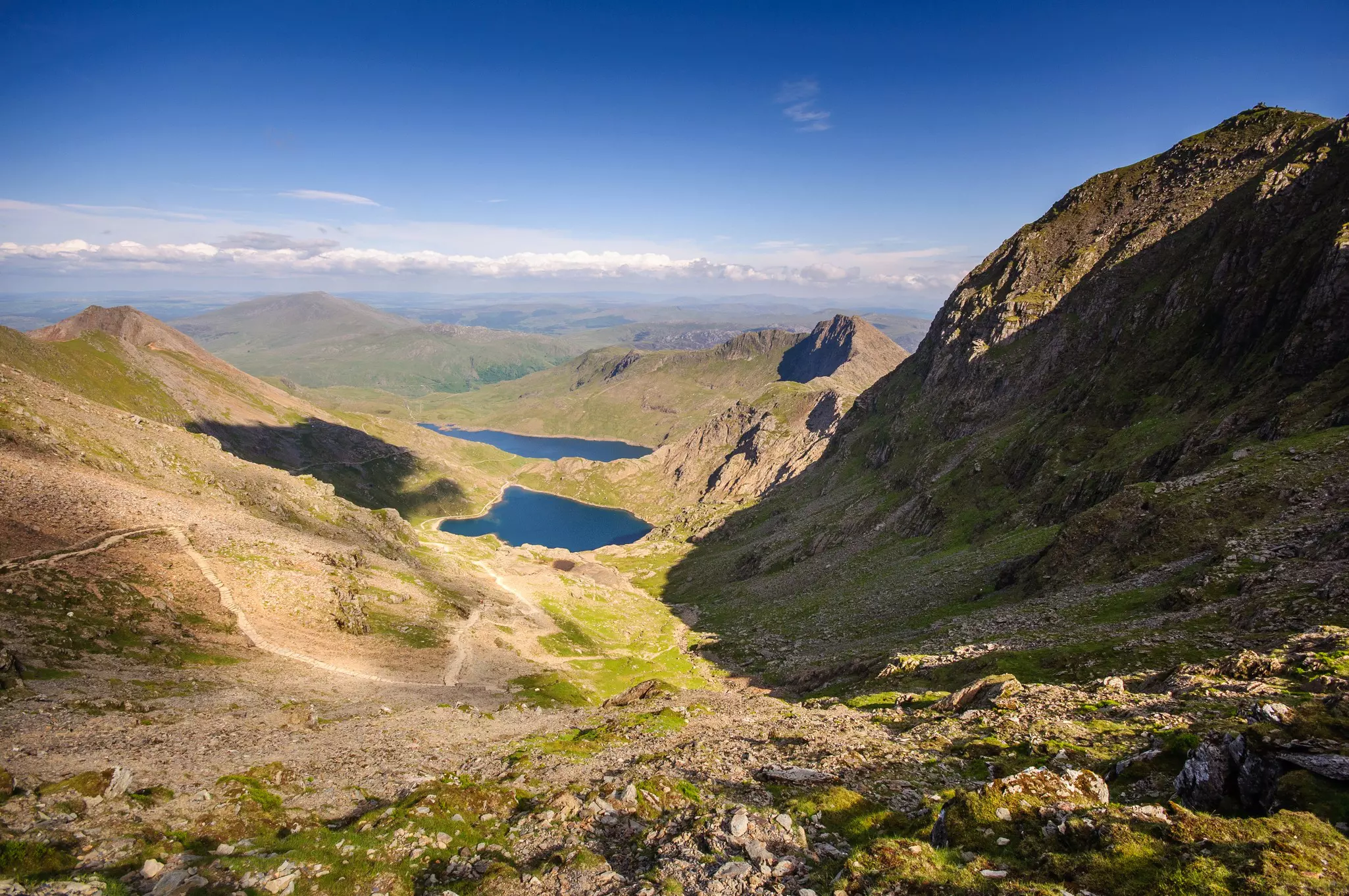 The view from Yr Wyddfa (Mt Snowdon) over Glaslyn lake and Eryri (Snowdonia), Wales, UK.