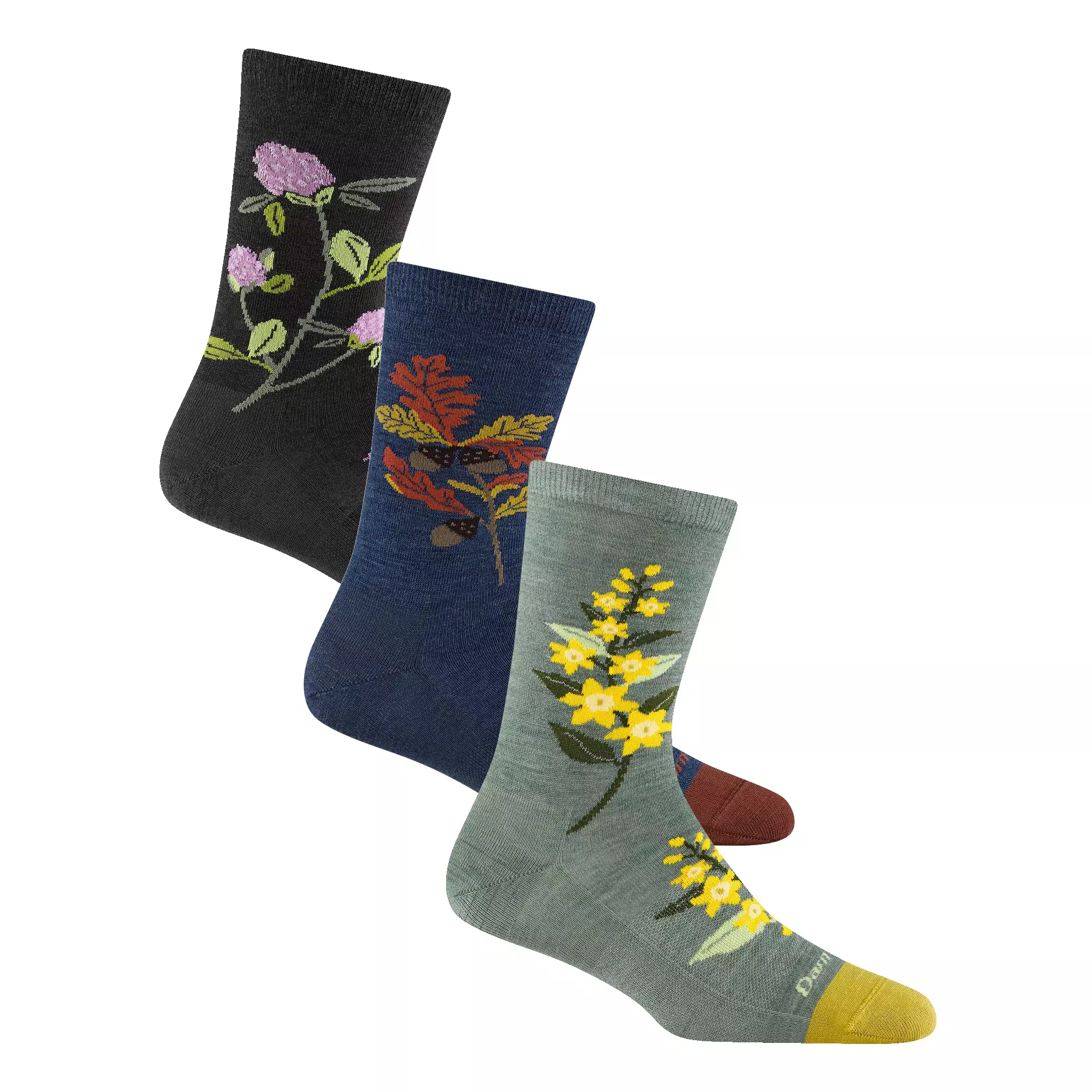 Three pairs of socks with floral patterns.