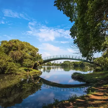 A green metal arched footbridge reflected in still water, framed by trees, with city towers visible through the gap.