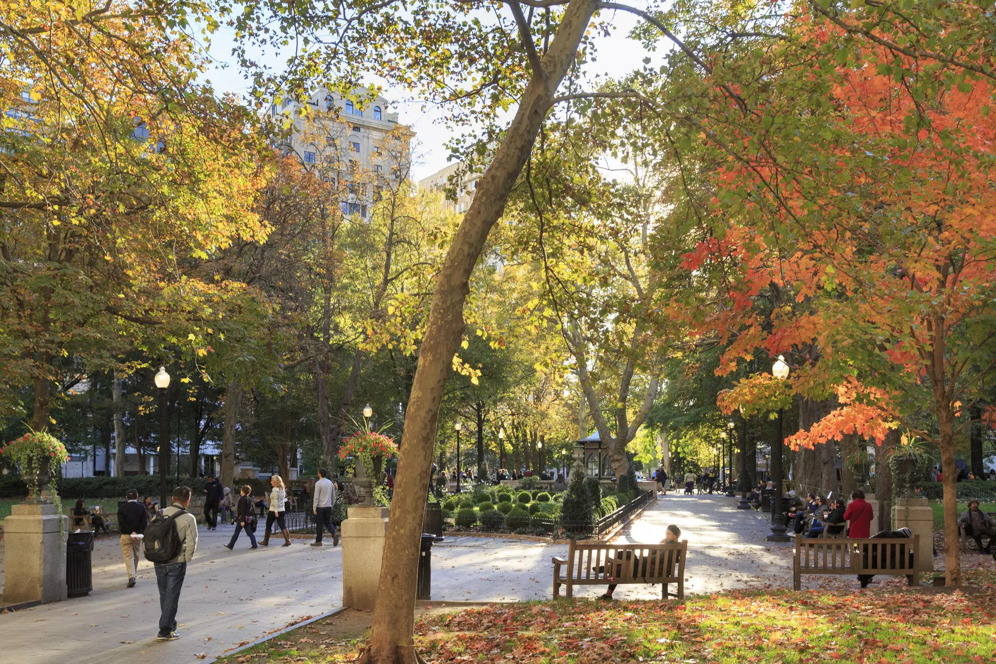 People enjoying historic Rittenhouse Square in Autumn, Center City,  Philadelphia, Pennsylvania, USA