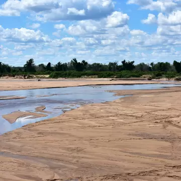 Wide sandy riverbed with shallow channels of water, a line of green riverine trees beyond and a cloud-streaked blue sky
