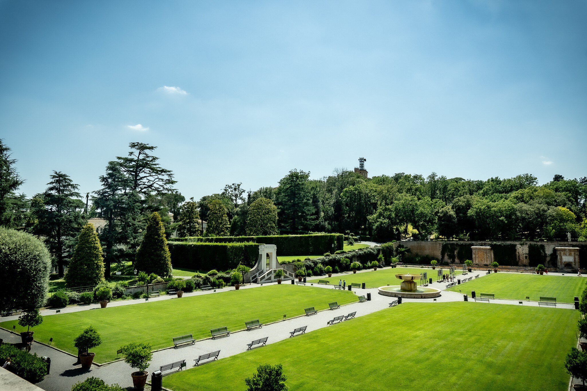View of a fountain in the Vatican Gardens on a sunny summer day in Vatican City, Rome, Italy.