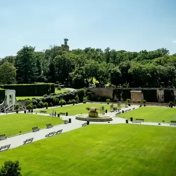 View of a fountain in the Vatican Gardens on a sunny summer day in Vatican City, Rome, Italy.