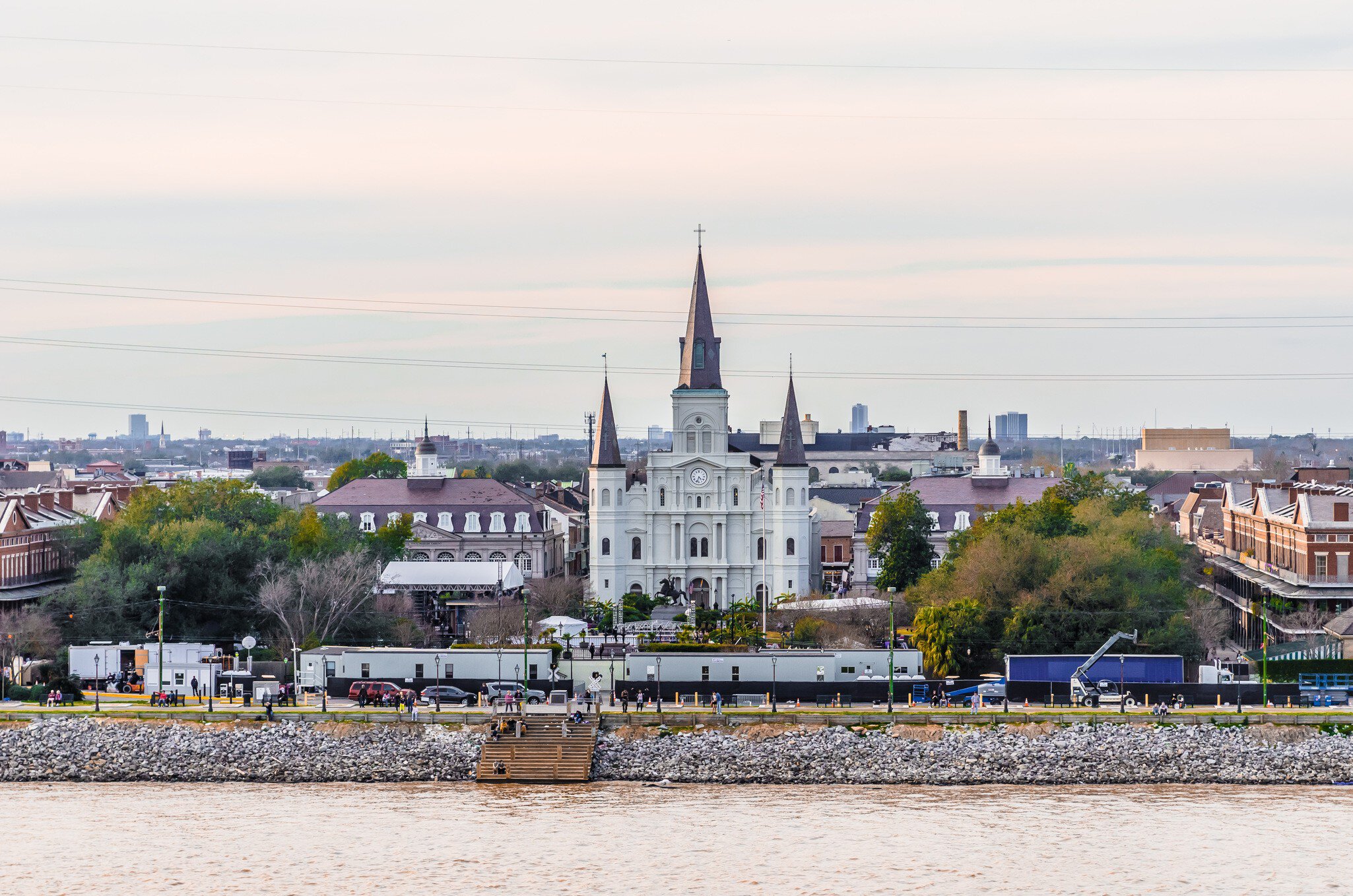 High-angle view of St Louis Cathedral and Jackson Square in the French Quarter, New Orleans