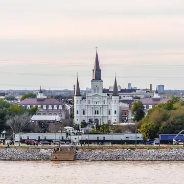 High-angle view of St Louis Cathedral and Jackson Square in the French Quarter, New Orleans