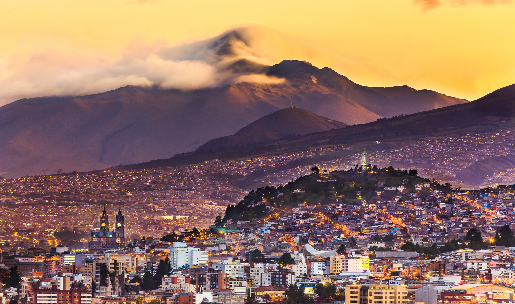 Quito cityscape at sunset.