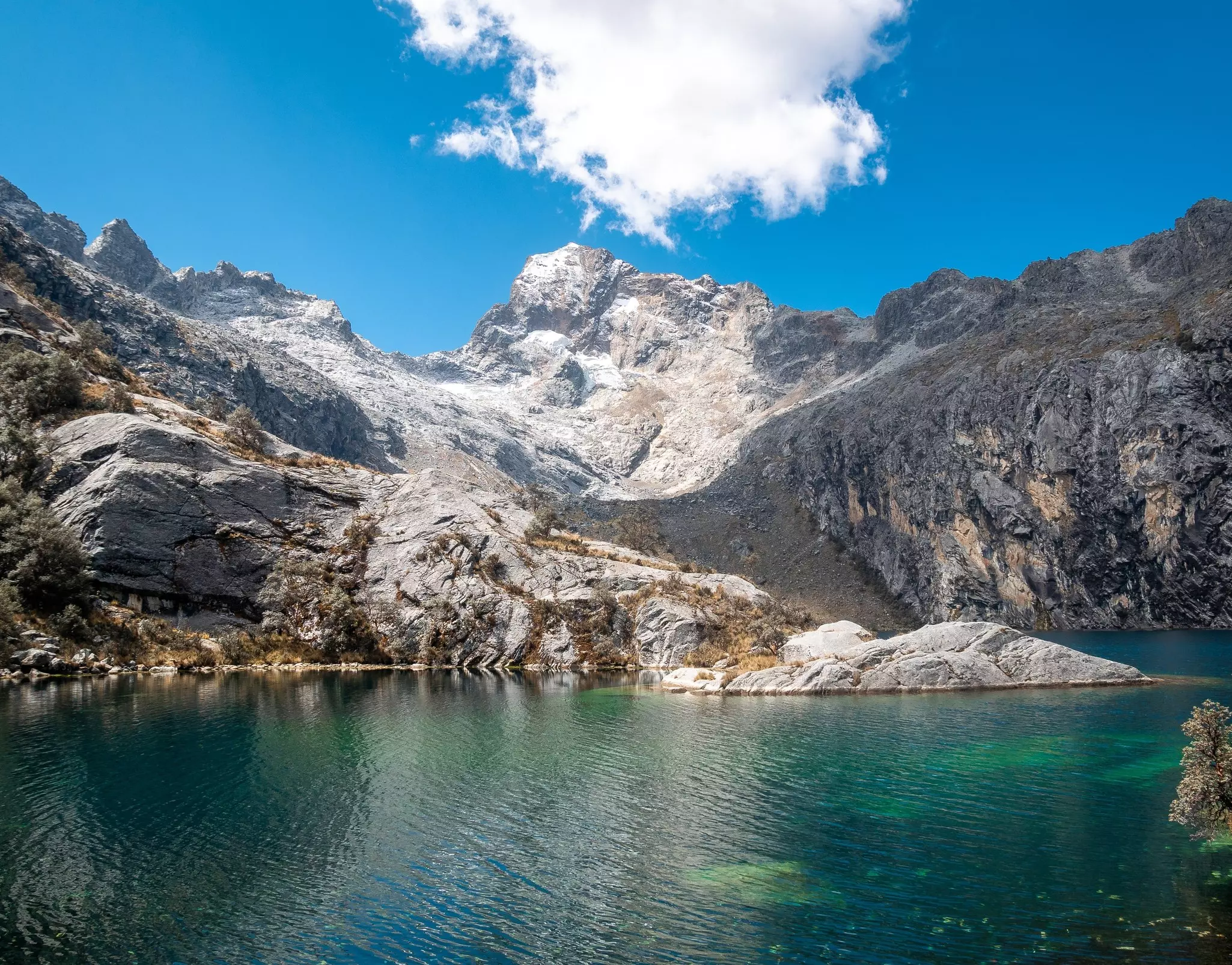 The Churup Lagoon with Turquoise Waters at the Foot of the Snow-Capped Cordillera Blanca.