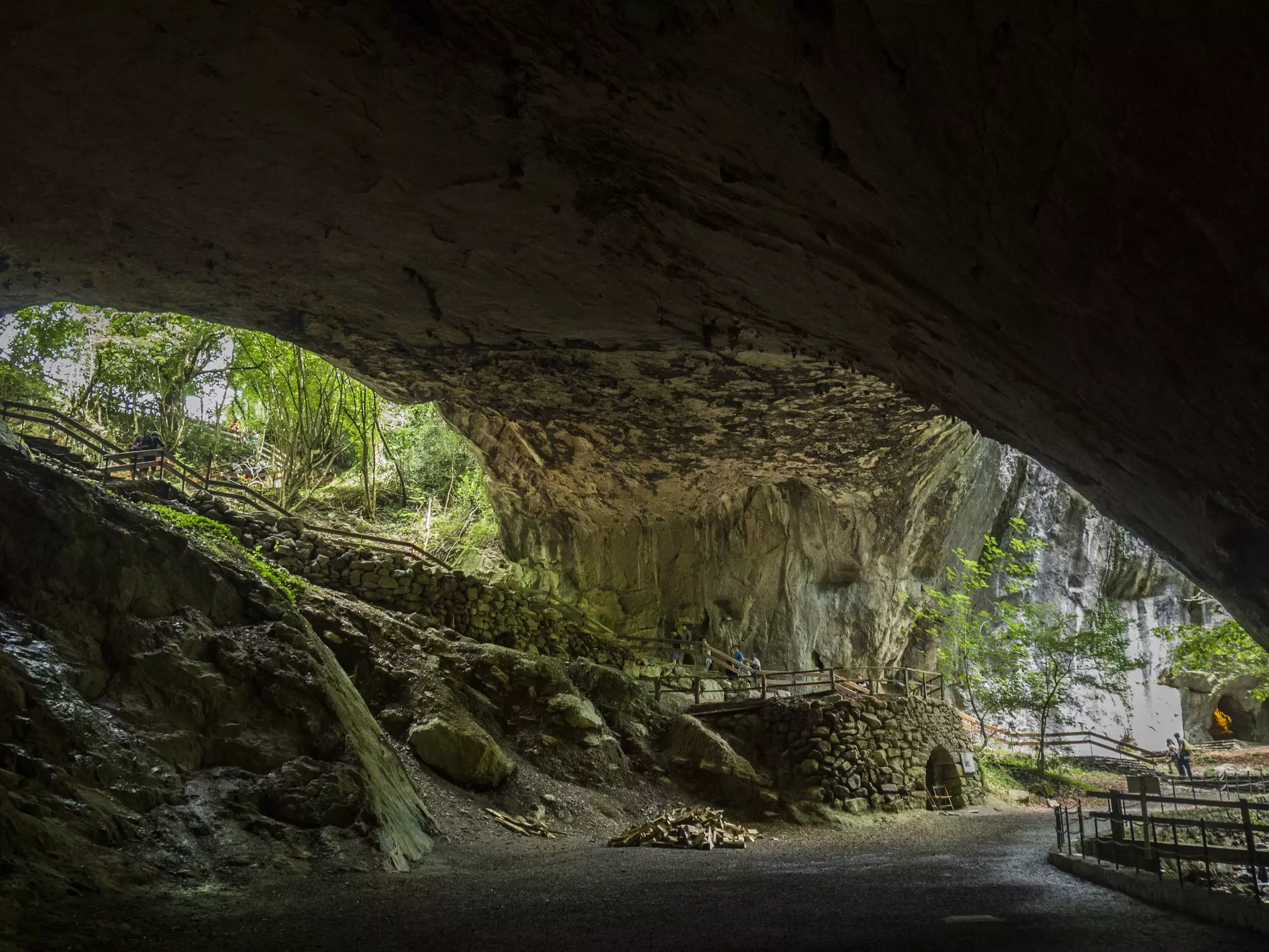 View from inside a large, rounded cave with two openings lookint out toward daylight.
