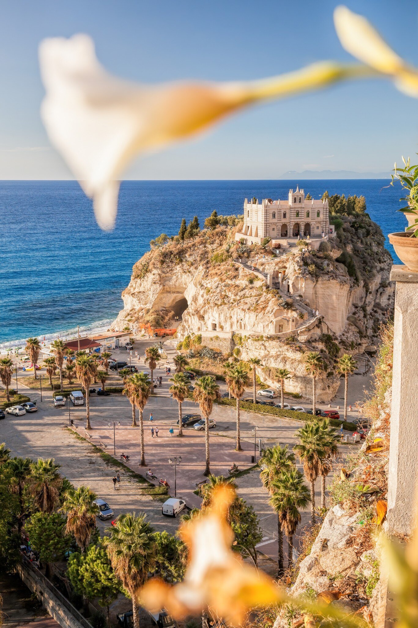Santa Maria dell'Isola sanctuary on a rock above the beach in Tropea, Calabria, Italy, seen past blurred flowers