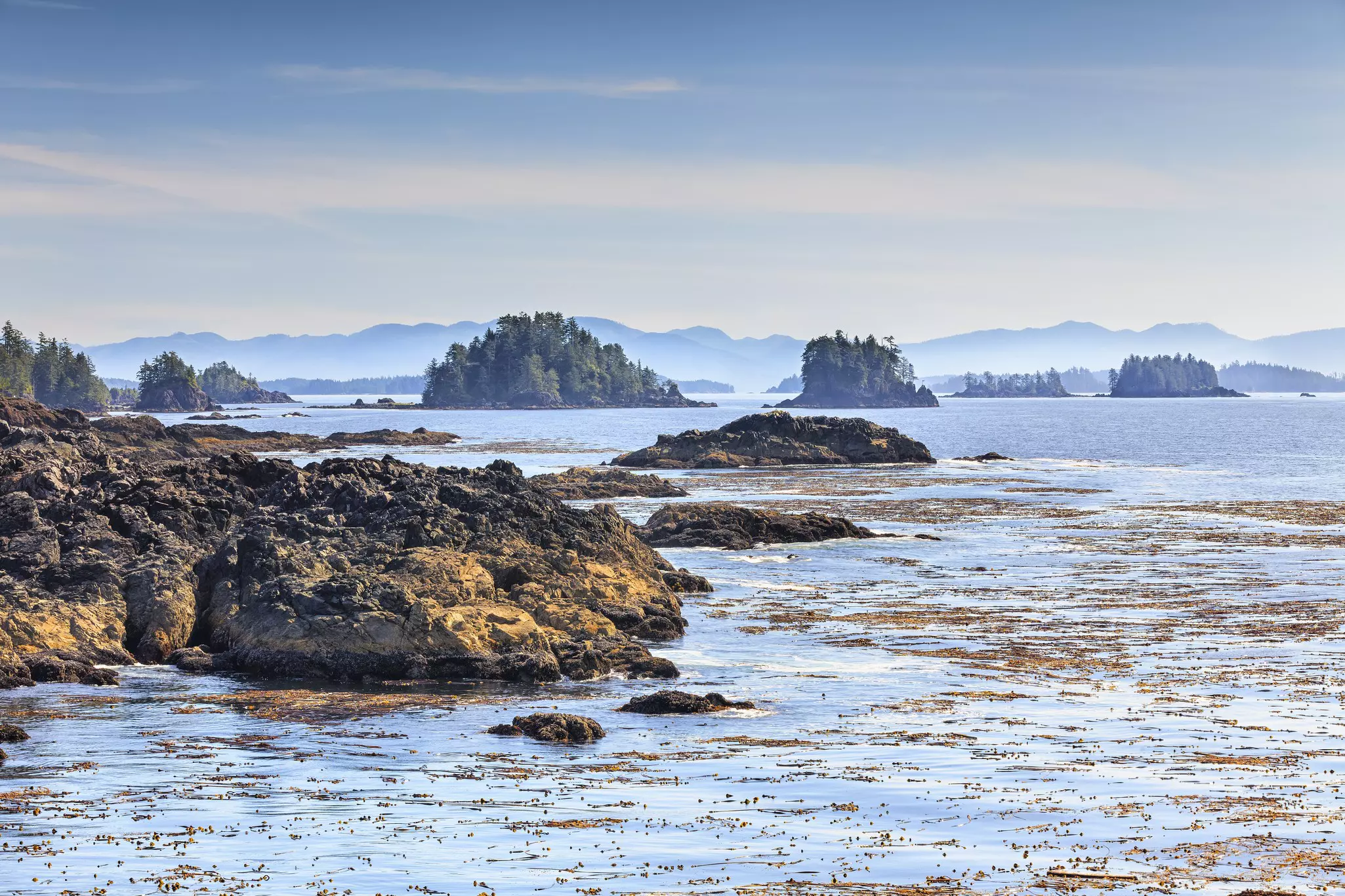 Small forested islands dot the sea.