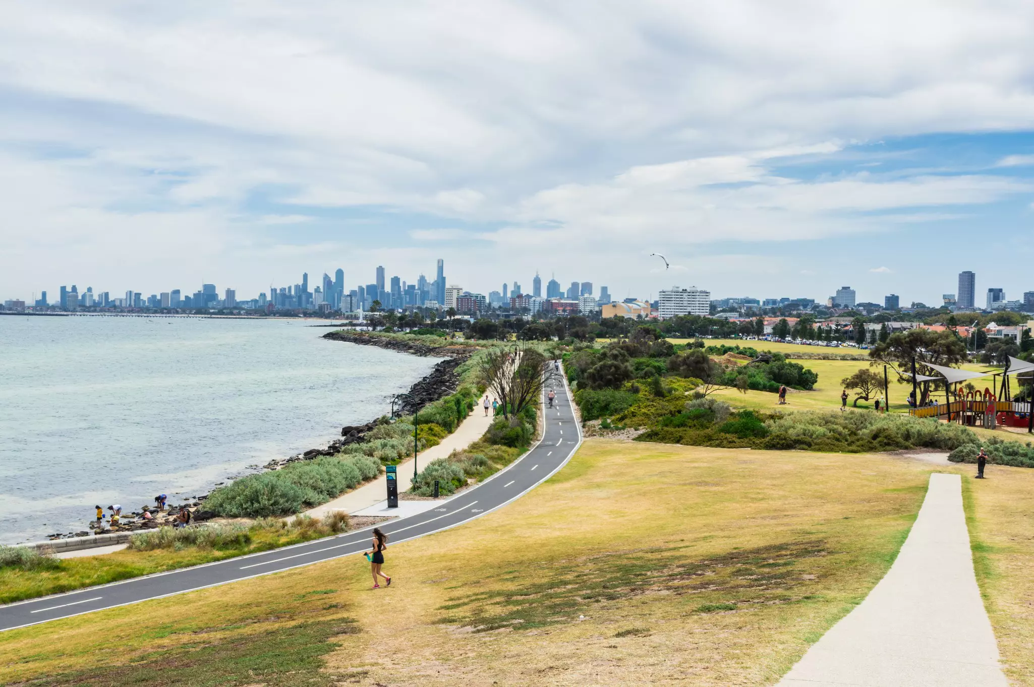 View of the Melbourne skyline from Point Ormond in the inner eastern bayside suburb of Elwood